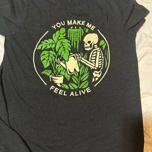 Gray Graphic Tee with Skeleton and Plants